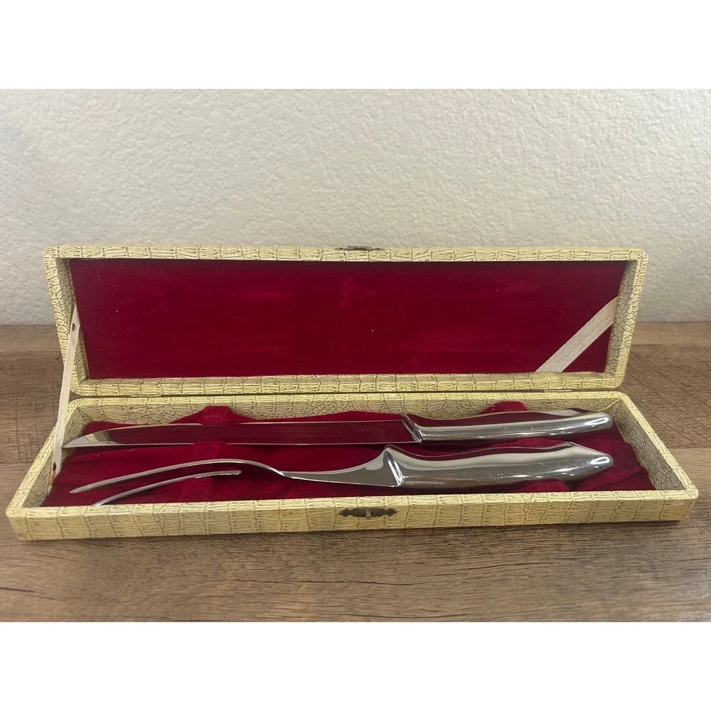 Vintage Japan Stainless Steel Carving Set Knife Fork MCM Faux Croc Box 3401